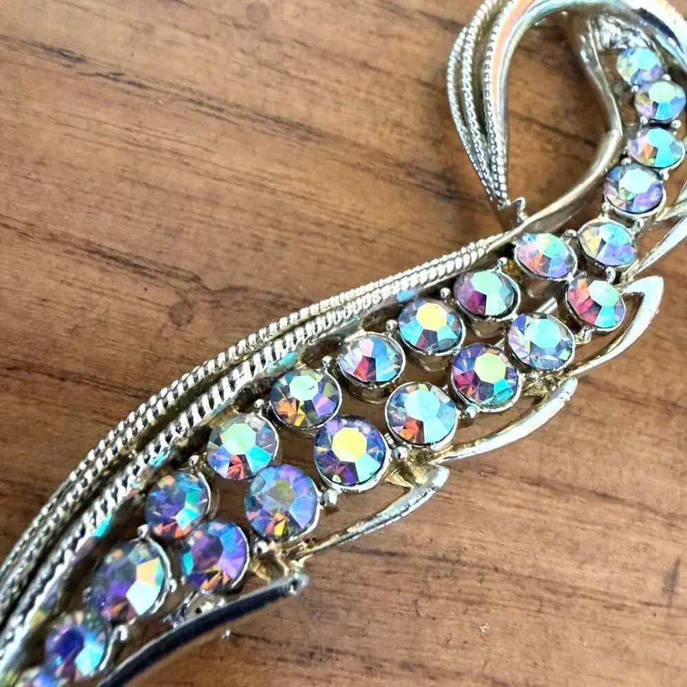 Vintage Aurora Borealis Rhinestone Feather Brooch Pin